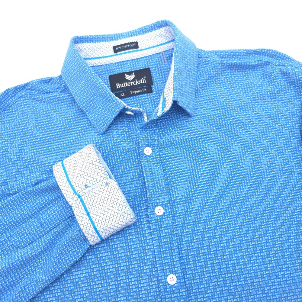 Buttercloth Icy Cotton Mens XL Regular Fit Blue Geometric Long Sleeve Shirt